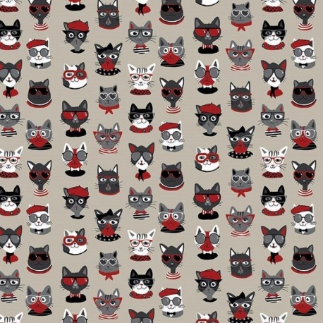Tissu Funny Cat Toile Noir et rouge 