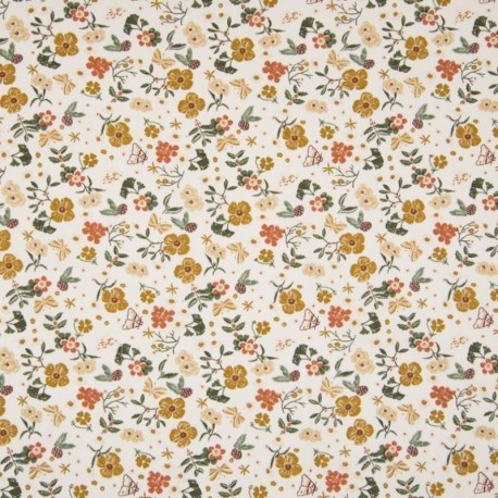 Tissu Popeline Imprimé Fleur Fond Ecru 