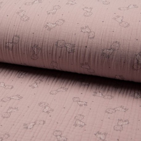 Tissu Triple Gaze Imprimé Girafe Rose Clair 