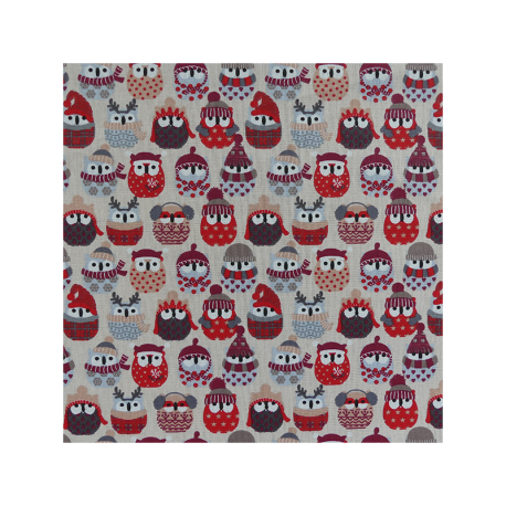 Tissu Hiboux de Neige Cretonne coloris Lin et rouge