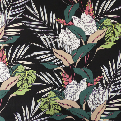 Tissu Popeline Imprime Tropical Fond Noir