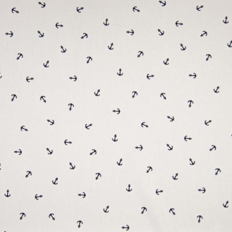 Tissu Coton Imprimé Ancre Marine Fond Blanc 