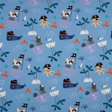 Tissu Jersey Imprimé Pirate Fond Bleu 
