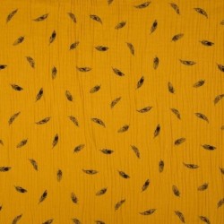 Tissu Double Gaze Imprimé Plume Ocre