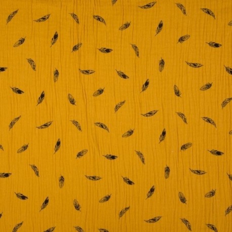 Tissu Double Gaze Imprimé Plume Ocre