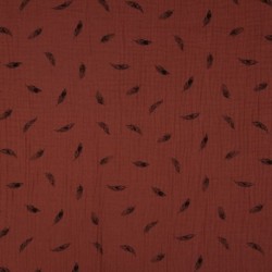 Tissu Double Gaze Imprimé Plume Marsala