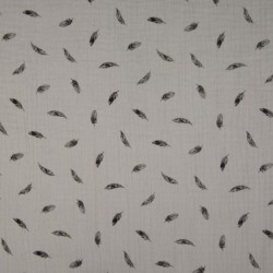 Tissu Double Gaze Imprimé Plume Gris