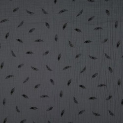 Tissu Double Gaze Imprimé Plume Gris Foncé 