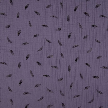 Tissu Double Gaze Imprimé Plume Lilas