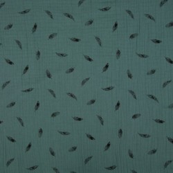 Tissu Double Gaze Imprimé Plume Vert 