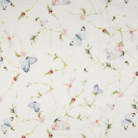 Tissu Imprimé Digital Papillon Ecru bleu rose