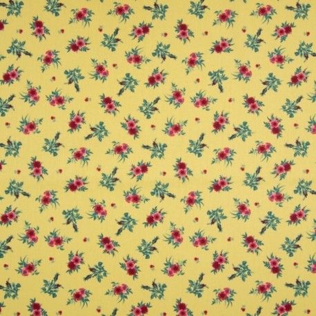 Tissu Coton Imprimé Grosse Fleur Fond Jaune 