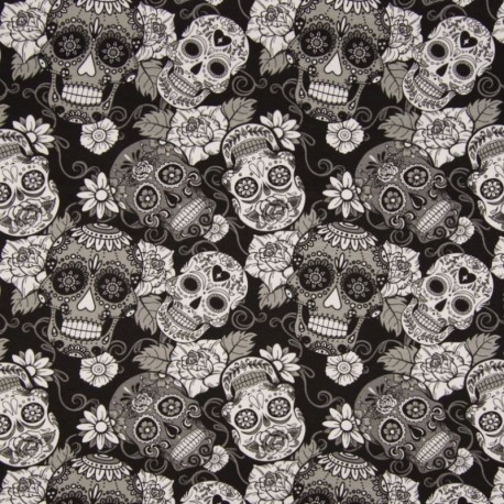 Tissu Jersey Coton Imprimé Crane Noir et blanc