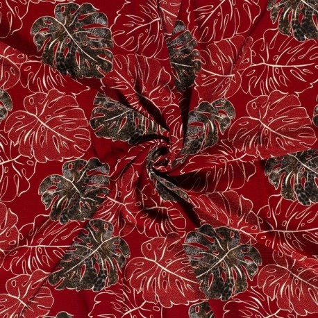 Tissu Crepe Imprimé Feuille Rouge