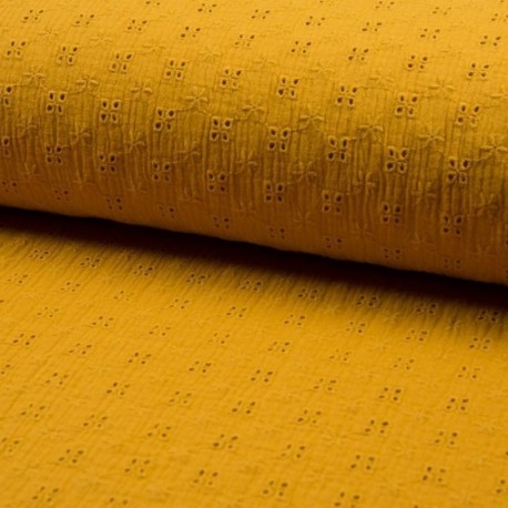 Tissu Double Gaze Brodé Ocre jaune