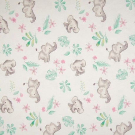Tissu Jersey Coton Imprimé Elephant Blanc