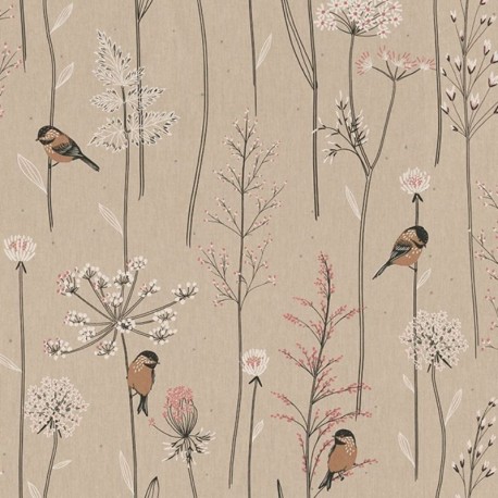 Tissu Demi Panama Oiseau fleur Fond Coloris Lin 