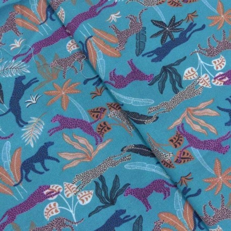 Tissu Cretonne Imprimé Felin Bleu 