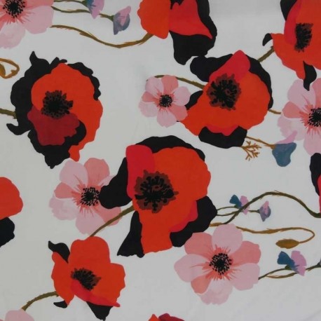 Tissu Viscose Imprimé Ecru Coquelicot