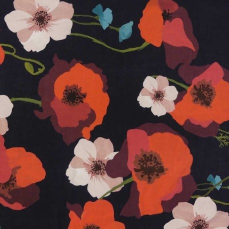 Tissu Viscose Imprimé Noir Coquelicot 