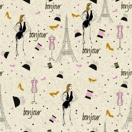 Tissu Toile Imprimée Fille Paris Beige
