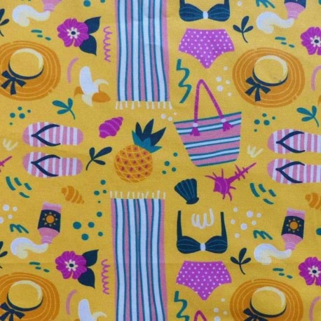 Tissu Enduit Imprimé Plage Jaune