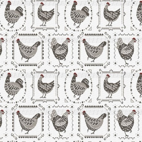 Tissu Jacquard Poules Coloris Blanc et lin 