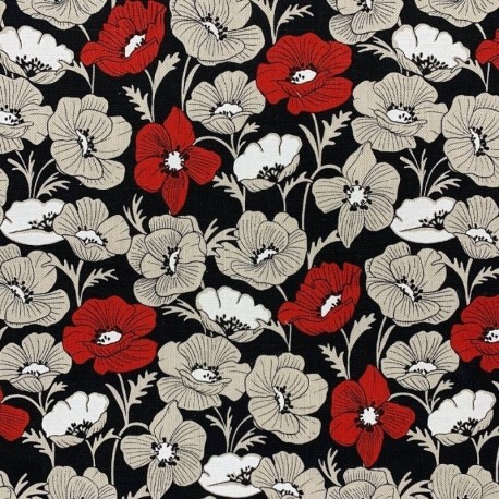 Tissu Toile Imprimée Pavot Noir rouge