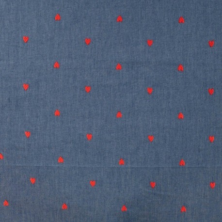 Tissu Chambray Brodé Coeur Rouge