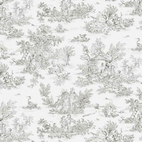 Tissu Mini Pastorale Toile Effet Jouy Gris Grande Largeur