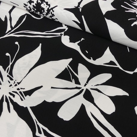 Tissu Rayonne Imprimée Feuille Noir 