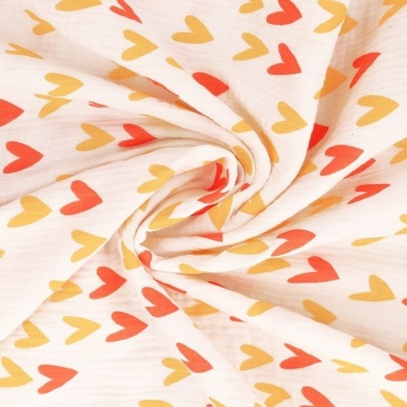 Tissu Double Gaze Imprimée Grand Coeur 