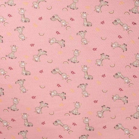Tissu Jersey de Coton Imprimé Girafe Rose 