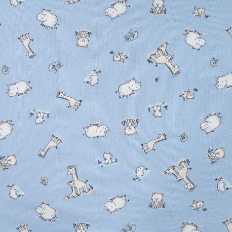 Tissu Jersey de Coton Imprimé Bébé Animal Bleu