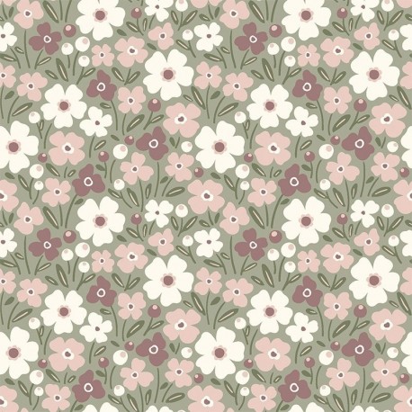 Tissu Popeline Imprimé Digital Fleurs Vert Olive