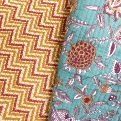 Tissu Blockprint Imprimé Tampons Mains Matelassé Double Face Fleur Fond Bleu