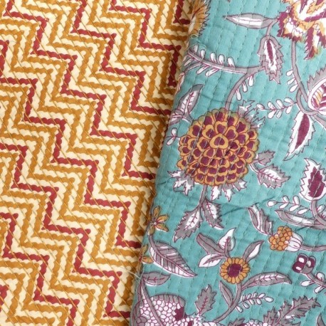 Tissu Blockprint Imprimé Tampons Mains Matelassé Double Face Fleur Fond Bleu