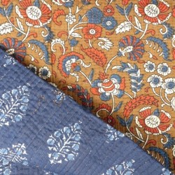 Tissu blockprint Imprimé Tampons Mains Matelassé Double Face Fleur Fond Caramel