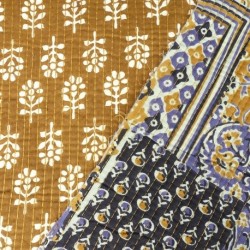 Tissu Blockprint Imprimé Tampons Mains Matelassé Double Face Géométrique Jaune Bleu