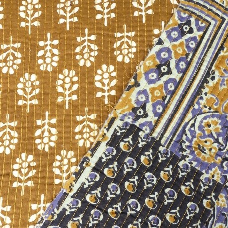 Tissu Blockprint Imprimé Tampons Mains Matelassé Double Face Géométrique Jaune Bleu