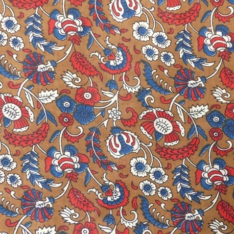 Tissu Blockprint Impression Tampons Mains Fleur Fond Caramel