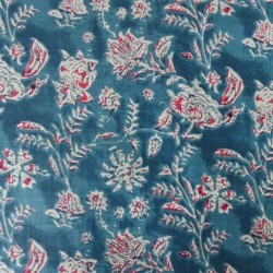 Tissu Blockprint Impression Tampons Mains Fleur Fond Bleu