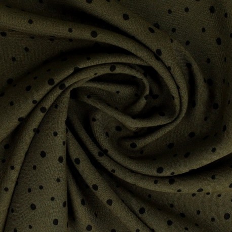 Tissu Viscose Imprimée Fond Kaki Pois Noir