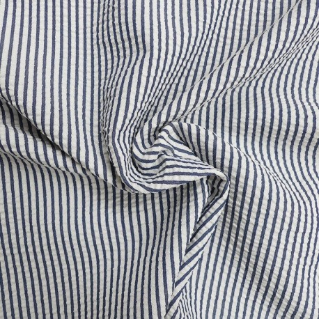 Tissu Toile Chemise Seersucker Petites Rayures Marine