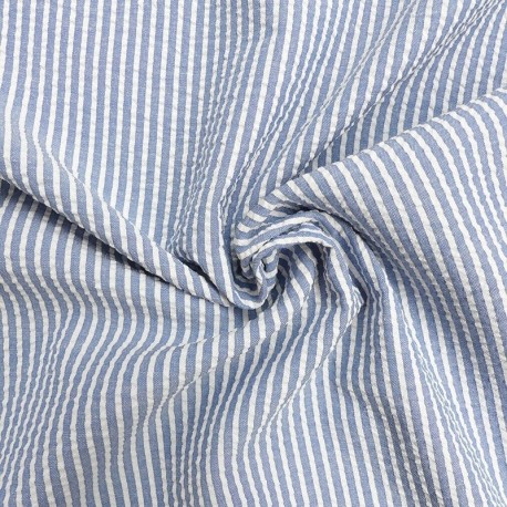 Tissu Toile Chemise Seersucker Petites Rayures Bleu Clair