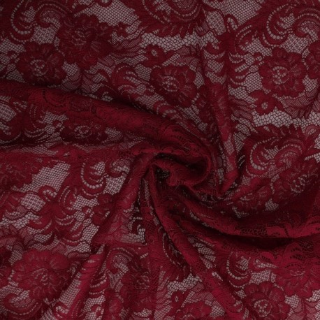 Tissu Dentelle Elastique Roses Bordeaux 