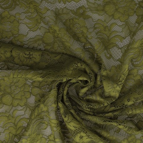 Tissu Dentelle Elastique Roses Kaki