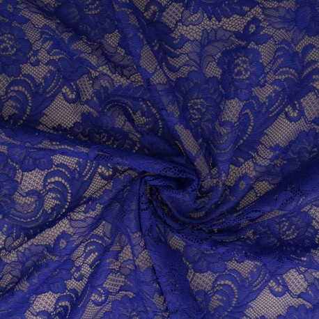 Tissu Dentelle Elastique Roses Bleu Roi 