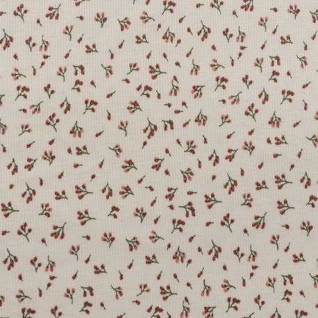 Tissu Jersey Côtelé Fleur Rose Fond Ecru 