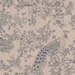 Tissu Fleurs Et Oiseaux Fond Coloris Lin 